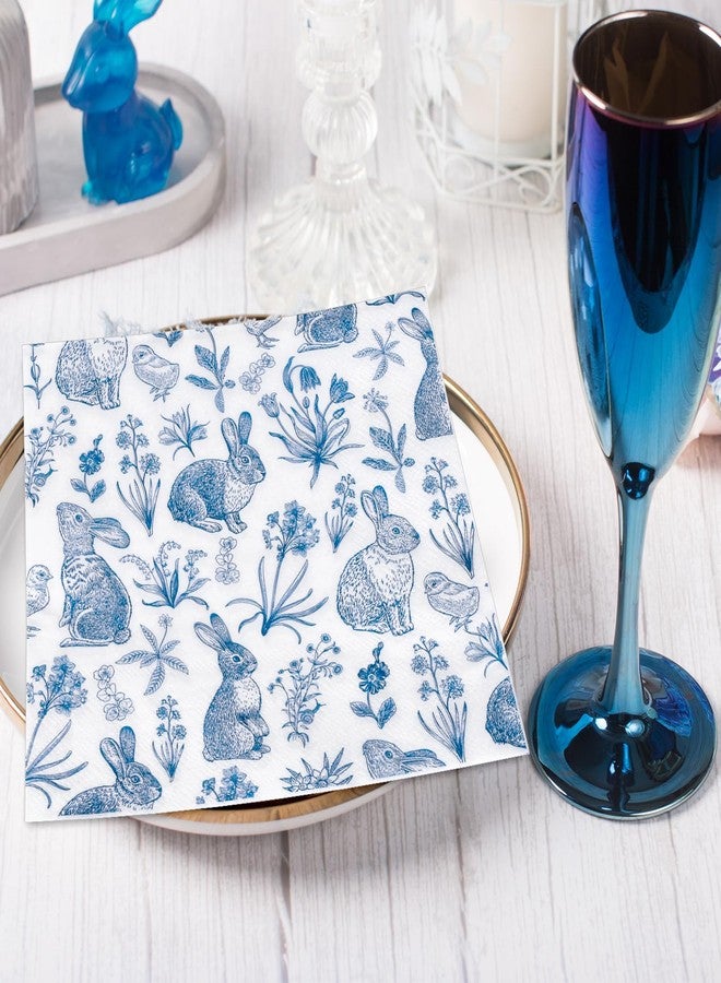 Whaline 50 Pcs Blue White Easter Paper Napkins Retro Bunny Rabbit Flower Disposable Napkins Chinoiserie Luncheon Dinner Napkins for Spring Wedding Birthday Party Table Supplies - Image 4